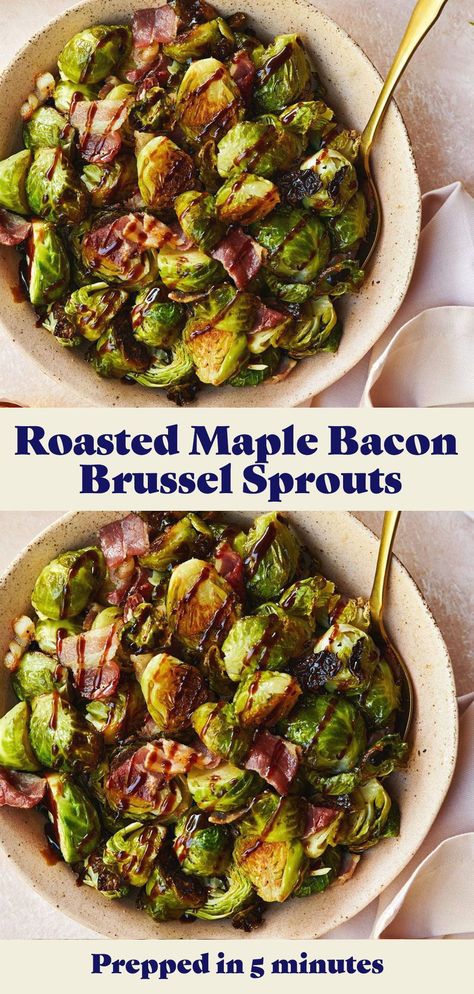 Christmas side dishes don't get better than this roasted maple-bacon brussels sprouts recipe that's prepped in just 5 minutes. Maple Brussel Sprouts, Maple Bacon Brussel Sprouts, Freezing Brussel Sprouts, Baked Brussel Sprouts, Balsamic Brussel Sprouts, Roasted Sprouts, Maple Balsamic, Christmas Side Dishes, Bacon Brussel Sprouts