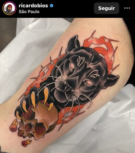 Traditional Panther Tattoo, Back Of Leg Tattoos, Black Panther Tattoo, Traditional Tattoo Flowers, Panther Tattoo, Koi Tattoo, Tatuaje A Color, Knee Tattoo, New School Tattoo