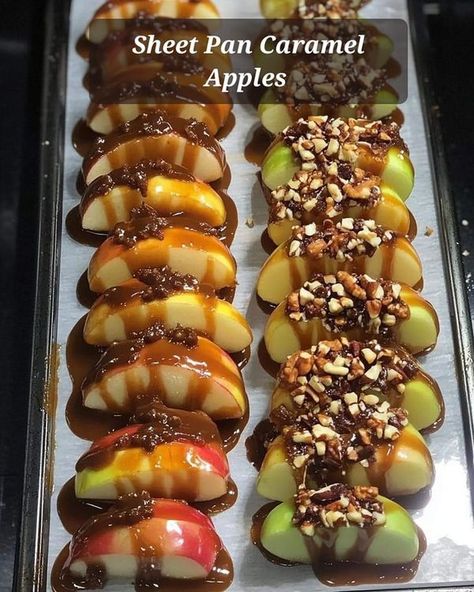 Healthy Recipes | I'm convinced these Sheet Pan Caramel Apples are why my family loves fall or | Facebook Sheet Pan Caramel Apples, Fall Dessert Table Ideas, Fall Desserts Table, Bday Surprise, Surprise Party, Apple Slices, Tasty Treats, Caramel Sauce, Fall Desserts