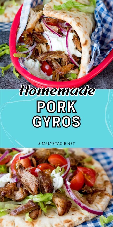 Two image collage of pork gyros. First image is the gyros in a red serving dish. Second image is the gyros opened up on a napkin. Greek Pork Gyros Recipe, Greek Pulled Pork, Pork Gyros Recipe, Fireman Recipes, Gyro Recipe Beef, Pork Gyros, Greek Night, Leftover Pork Chops, Gyros Recipe