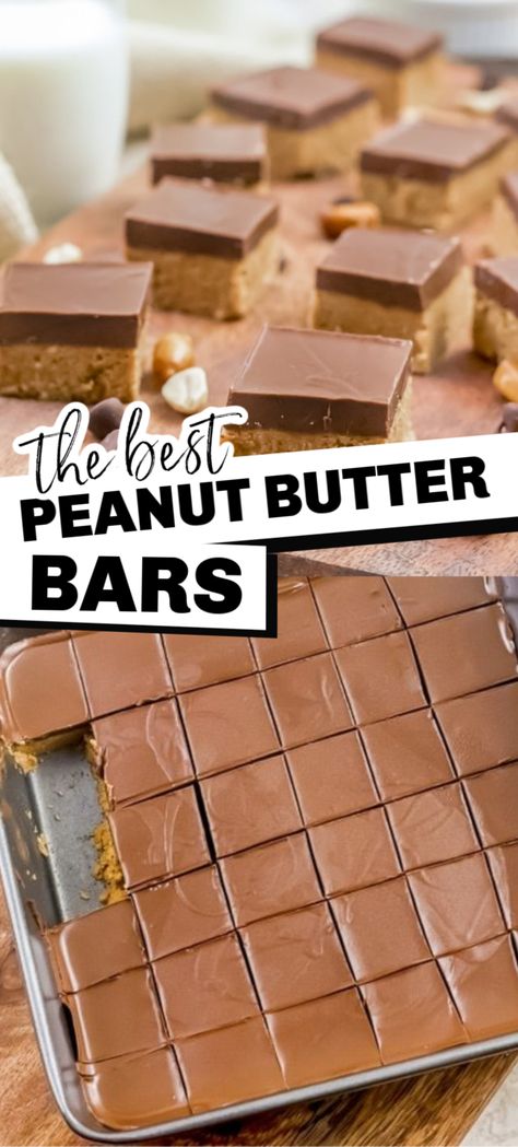 Chocolate Peanut Bars No Bake, Peanut Butter Bars With Chocolate Frosting, Nobake Peanutbutter Bars, Michael Simon Peanut Butter Bars, Homemade Reeces Bars, Peanut Butter Reeses Bars, No Bake Reeses Peanut Butter Bars, Peanut Butter With Chocolate On Top, Peanut Butter Slice No Bake