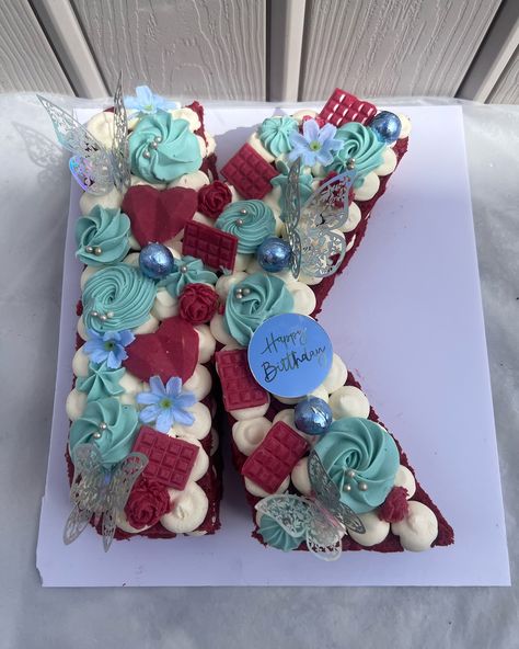 Red Velvet Blue and Red Letter Cake🫶🏻 Letter K🎀 . . . . #craveslake #sanyabakes #torontobaker #cupcake #cupcakecake #40thbirthday #letter40 #catbirthday #12thbirthday #Lettercake #cake #cakedecorating #cakes #birthdaycake #chocolate #food #dessert #cakesofinstagram #birthday #cakedesign #instafood #baking #yummy #cakestagram #homemade #cupcakes #cakeart #delicious #chocolatecake #cakelover K Letter Design, Cake Lettering, K Letter, Letter Cake, Homemade Cupcakes, Chocolate Food, Design Cake, Cake Lover, Letter K