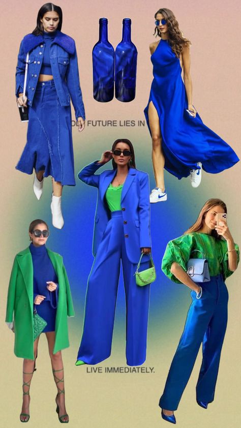 Cobalt Blue Jeans Outfit, Bright Green Dress Outfit Color Combos, Light Blue And Green Outfit, Cobalt Blue Pants Outfit Winter, Colbolt Blue Outfit, Royal Blue Monochromatic Outfit, Bright Blue Dress Outfit, Cobalt Blue Dress Outfit Wedding, Blue And Green Outfit Aesthetic