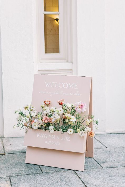 A pale pink welcome sign with a built-in flower box in shades of white, pink and coral handcrafted by the bride and groom for their artful, elegant estate garden wedding. Pink Welcome Sign, Middletown Connecticut, Welcome Flowers, Pastel Wedding, Flower Box, Wedding Welcome Signs, Wedding Boxes, Wedding Signage, Wedding Stationary