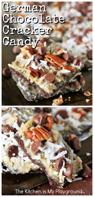 German Chocolate Cracker Candy ~ Enjoy all the classic flavors of German chocolate cake, in an easy-to-make chocolate graham cracker based candy. Loaded with chocolate chips, coconut, pecans, & cracker candy's signature boiled butter-brown sugar mixture, it's one super tasty sweet treat, for sure. #crackercandy #Germanchocolate #Germanchocolatecrackercandy www.thekitchenismyplayground.com German Chocolate Bars, Graham Cracker Recipes, Cracker Candy, Coffee Stations, Holiday Sweets, Chocolate Graham Crackers, Coconut Pecan, Candy Recipes Homemade, Christmas Candy Recipes