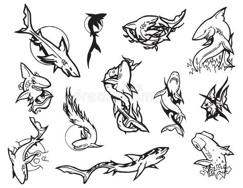 Shark tattoo set. Set of labels and elements. Vector set illustration template tattoo vector illustration Shark Flash Tattoo, Shark Tattoo Design, Template Tattoo, Tattoo Vector, Shark Tattoo, Illustration Template, Shark Tattoos, Tattoo Illustration, Tattoo Set