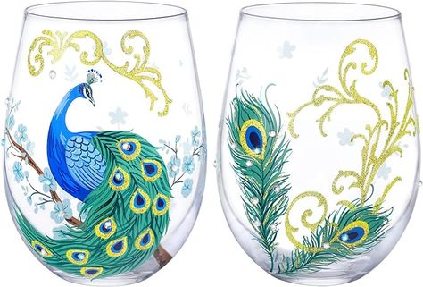 Amazon.com | NymphFable Wine Tumbler Hand Painted Stemless Wine Glasses Peacock Set of 2 Wine Tumbler 18oz Personalised Gifts for Her: Wine Glasses