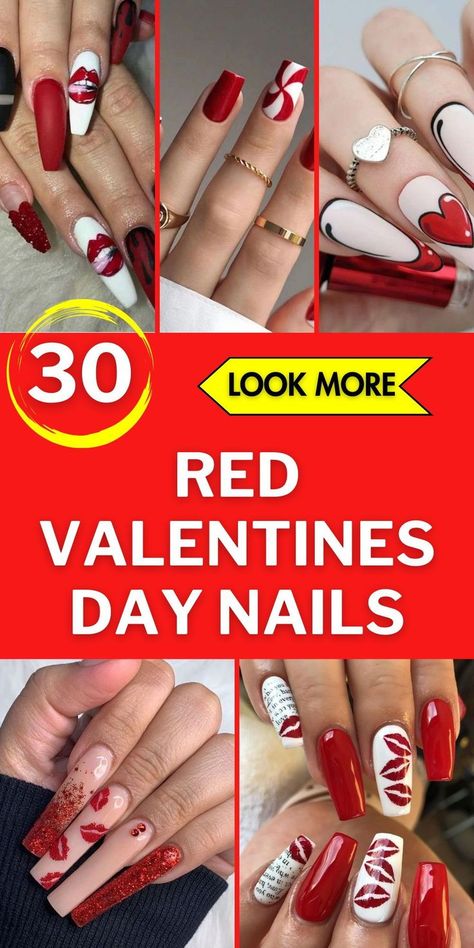 Red Valentines Day Nails, White Manicure, Valentines Day Nails, Valentine Nail Art, Red Acrylic Nails, February Nails, Nail Designs Valentines, Pointed Nails, Red Nail Designs