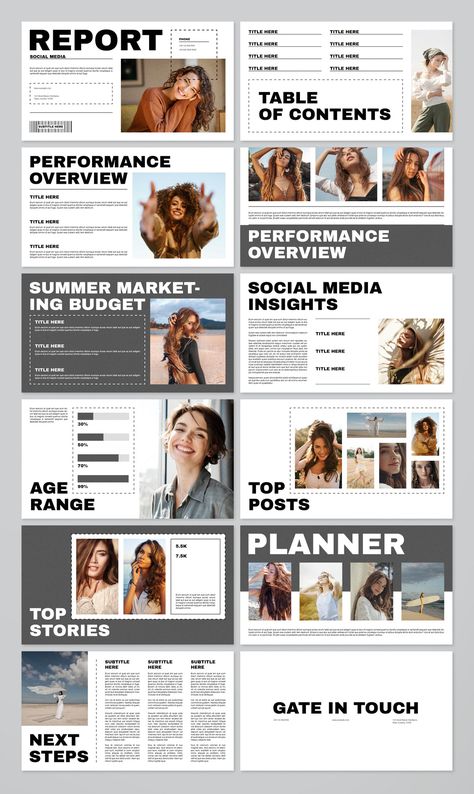 Modern social media report template with creative slides for presenting data and insights in a visually appealing way. Perfect for social media managers, marketers, and entrepreneurs who want to create engaging and effective Social Media Report Template, Report Presentation, Social Media Management Business, Management Logo, Social Media Report, Ppt Template Design, Deck Layout, Social Media Management Services, Summer Marketing