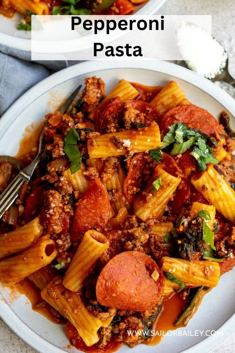 Pepperoni Pasta Pepperoni Pasta, Vegan Pepperoni, Red Pasta, Red Sauce Pasta, Healthy Pasta, Pasta Casserole, Healthy Pasta Recipes, White Plate, Pasta Shapes