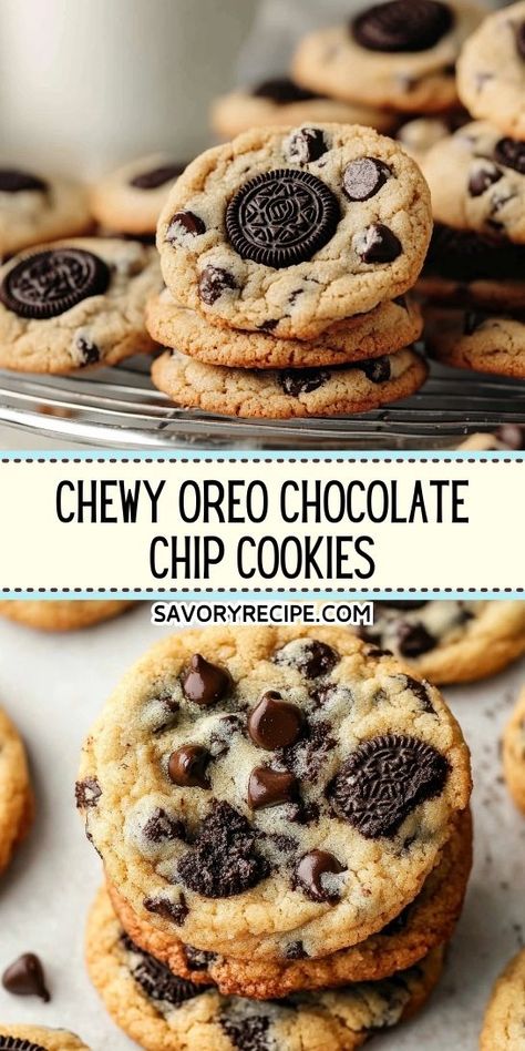 Who can resist the allure of chewy cookies packed with Oreos and chocolate chips? This delectable recipe makes it easy to whip up a batch of pure dessert bliss. Be sure to save it for your next baking session and treat yourself to these mouthwatering cookies! Oreo Chocolate Chip Cookies Recipe, Oreo Chocolate Chip Cookies, Soft Chocolate Chip Cookies Recipe, Stuffed Chocolate Chip Cookies, Oreo Stuffed Chocolate Chip Cookies, Savory Recipe, Oreo Chocolate, Chewy Cookies, Chocolate Chip Cookies Recipe