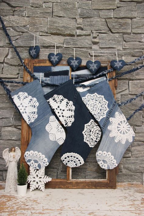 Large Recycled Denim Christmas Stocking With Vintage Crochet Doilies Ornaments , Jeans Holiday Stocking , Denim Christmas Stocking by SecondBirthday on Etsy Denim Christmas, Christmas Stockings Sewing, Unique Stockings, Applique Art, Upcycle Clothes Diy, Sustainable Decor, Recycle Jeans, Crochet Vintage, Holiday Stocking