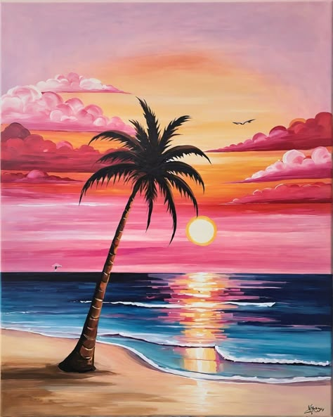 Beach Drawing With Color, Beach Sunset Painting Easy Step By Step, Sunset Beach Drawing, Beach Painting Aesthetic, Beach Sunset Drawing, Sunset Painting Canvas, Sunset Art Painting, Sunset Drawing, Easy Landscape Paintings