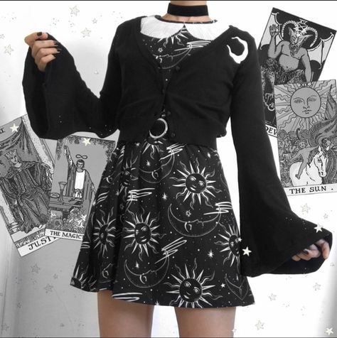 Mooncore Outfits, Witchy Aesthetic Outfit, Witchcore Fashion, Twin Vibes, Quirky Outfits, Space Aesthetics, Goth Inspiration, Witch Outfits, Collar Mini Dress