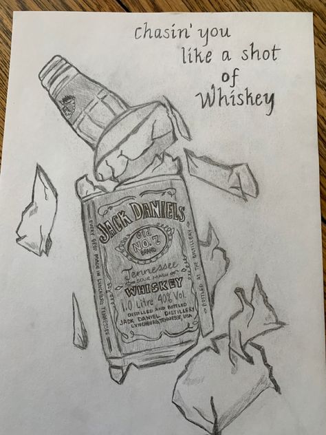 Pencil art sad drawings. Jack daniels chasing you like a shot of whiskey, Alcohol Drawing Easy, Alcohol Bottle Drawing Aesthetic, Jack Daniels Drawing, Alcohol Sketch Art, Relatable Drawing, Jack Daniels Bottle Drawing, Drunk Drawing, Whiskey Drawing, Whiskey Bottle Drawing