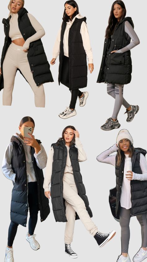 Longline Gilet Outfit Women, Long Black Vest Outfit Winter, Long Gillet Outfits Women, Style Long Vest, Long Puff Vest Outfits For Women, Outfits With Long Puffer Vests, Long Black Gilet Outfit Women, Long Vest Outfits For Women Winter, Grey Gilet Outfit