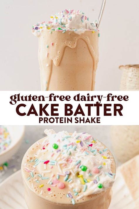 This cake batter protein shake is the perfect way to satisfy a sweet tooth and get your protein at the same time. It's a low calorie treat that has plenty of healthy fats, no artificial flavors, only 7 grams of sugar, and still tastes like ice cream! Sugar Free Milkshake, Cake Batter Protein Shake, Healthy Cake Batter, Protein Milkshake Recipe, Low Calorie Protein Shake, Cake Batter Shake, Cake Batter Protein, Low Carb Protein Shakes, Peanut Butter Protein Shake