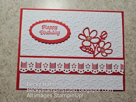 This card was designed by Susan Campfield. It utilizes the beautiful Eyelet Border from the Darling Details Dies, which I just love! The tricky part is finding a ribbon that will fit through the slits in the die cut! What you need to find is a ribbon that is only 1/4" wide. So many occasions and so many color possibilities! Give it a try! Stampin Up Susan Campfield, Darling Details Stampin Up Cards, Stampin Up Darling Details Cards, Stampin Up Darling Details, Susan Campfield, Confirmation Cards, Horse Cards, Corner Bookmarks, Hand Made Greeting Cards