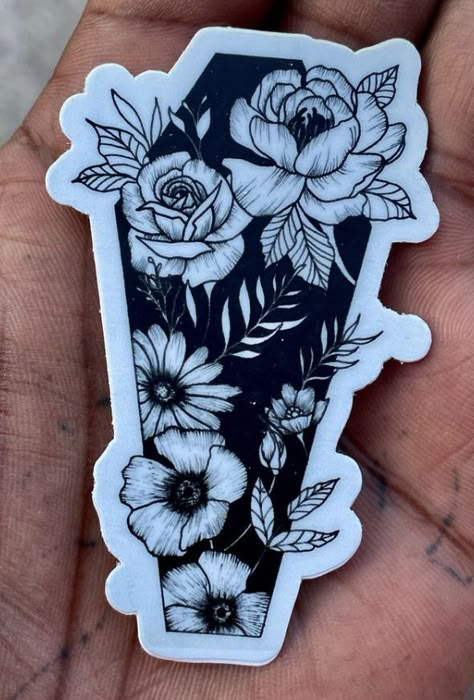 Coffin Tattoo With Flowers, Dark Theme Tattoos Women, Spooky Leg Tattoos Women, Spooky Arm Sleeve, Coffin Tattoos For Women, Spooky Tattoo Sleeve Women, Coffin And Flowers Tattoo, Floral Coffin Tattoo, Coffin Flower Tattoo