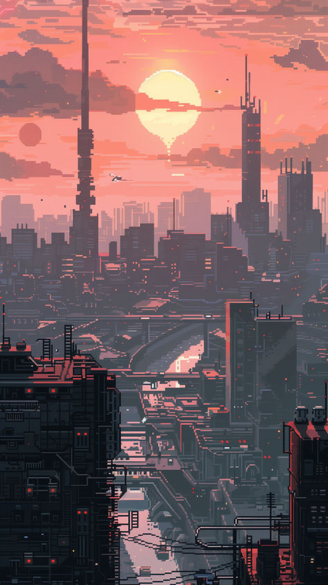 Pixel Art Lockscreen, Dystopia Wallpaper, Anime Pixel Art Wallpaper, Pixel Wallpaper Aesthetic, Art Dystopia, Pixel Art Wallpaper, Cyberpunk Wallpaper, Pixel City, Cityscape Wallpaper