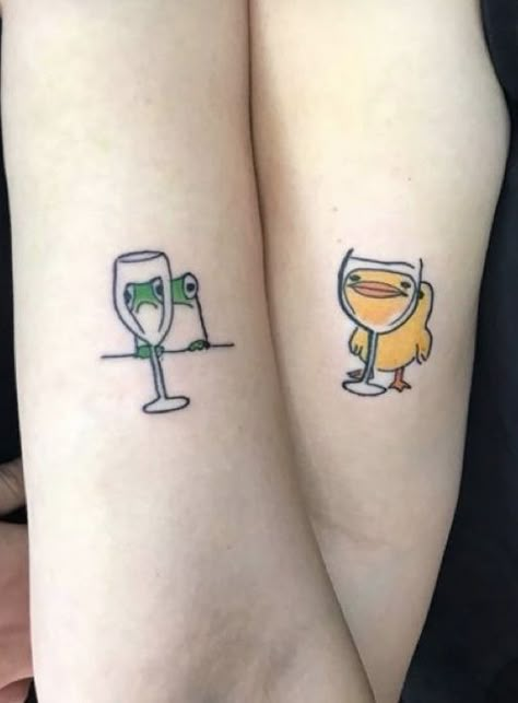 Drinking Matching Tattoos, Frog And Duck Matching Tattoos, Coworker Matching Tattoo, Matching Tattoos Mother Daughter Funny, Dynamic Duo Tattoo, Silly Matching Tattoos Couples, Mismatch Tattoos, Alcohol Matching Tattoos, Frog And Duck Tattoo