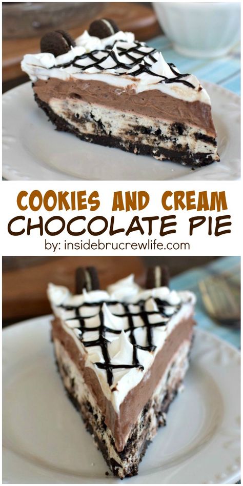 Layers of cookies, cream, and chocolate all in one amazing pie! Believe me, you will not have any leftovers with this pie. 15 Cookies, Easy No Bake Cookies, Cookies And Cream Cheesecake, Resipi Kek, Cookies Cream, Recipes Chocolate, Chocolate Pie, Recipes Christmas, Chocolate Pies