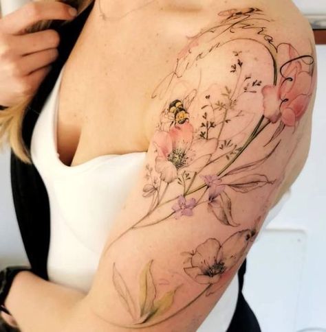 Elegant Vine Tattoos For Women, Flower Sleeves For Women Tattoo, Vintage Floral Tattoos, Floral Watercolor Tattoo, Watercolor Tattoo Sleeve, Feminine Shoulder Tattoos, Front Shoulder Tattoos, Floral Tattoo Shoulder, Wildflower Tattoo