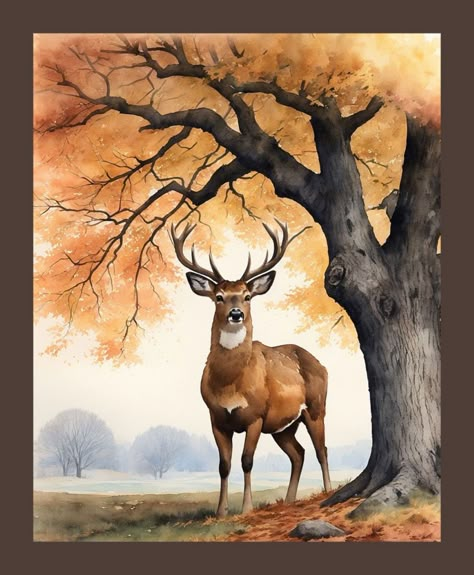 Watercolour Deer Painting, Deer Art Drawing, Watercolor Deer Painting, Deer Landscape, Deer Paintings, Farm Animal Paintings, Deer Watercolor, Deer Artwork, American Traditional Tattoo Ideas