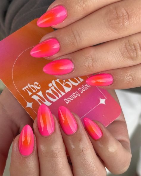 Aura nails 🩷🧡 #auranails #nailart #nailtech #nailsalon #thenailbargf #nailartspecialist #nailinspo #greatfallsnailtechs #greatfallssalon Pink Orange Aura Nails, Pink And Orange Aura Nails, Orange Aura Nails, Nails Pink And Orange, Uñas Summer, Summertime Nails, Nail Inspired, Orange Aura, Hoco Nails