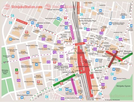 Shinjuku Station Map Tokyo Tourist Map, Ryokan Japan, Shinjuku Station, City Building Game, Travel Tokyo, Station Map, Japan Holiday, Tokyo Travel Guide, Train Map