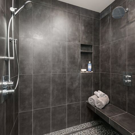 Black Showers Walk In, Grey Walk In Shower Ideas, Masculine Shower Ideas, Dark Tile Walk In Shower Ideas, Black Bathroom Shower Ideas, Gray Walk In Shower Ideas, Bathroom Shower Remodel Ideas Walk In, Amazing Showers Walk In, Black Walk In Shower Ideas