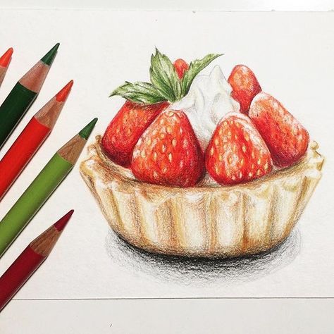 Fruit Sketch, Fruit Drawing, Desserts Drawing, Color Pencil Illustration, Cake Drawing, Sweet Drawings, Prismacolor Art, 귀여운 음식 그림, Cake Illustration