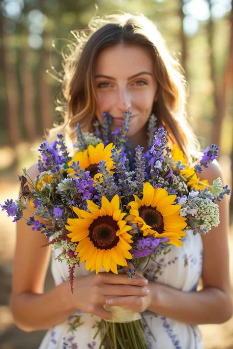 11 Beautiful Lavender Bouquets You Will Love • Purple Daisy Bouquet, Sunflower Bridesmaid Bouquet, Lavender Bouquets, Lavender Wedding Bouquet, Purple Flower Bouquet, Wedding Flowers Sunflowers, Sunflower Themed Wedding, Eucalyptus Bouquet, Yellow Bouquets