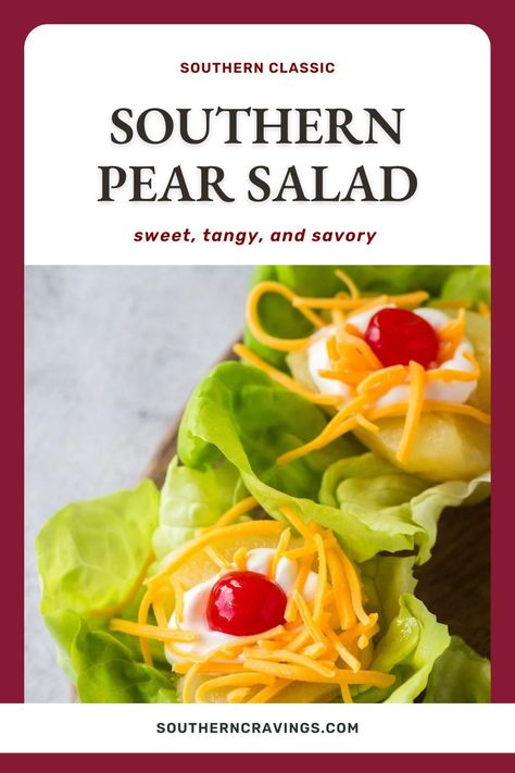 Try this Southern pear salad for a nostalgic delicacy, made with canned pears, mayonnaise, shredded cheese, and maraschino cherries. It might seem crazy, but the balance of sweet, tangy, and savory flavors work incredibly well together. Let’s take a trip down memory lane! Pears With Mayo And Cheese, Pear Salad With Mayo And Cheese, Pear Salad Southern, Cherry Appetizers, Pear Salad Dressing, Cottage Cheese Salad, Pear Salad Recipes, Canned Pears, Mac Salad