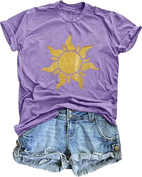 Magical Shirt Women Magic Sun Print Tshirt Cute Sunshine Graphics T Shirts Summer Vacation Short Sleeve Tops at Amazon Women’s Clothing store Princess Inspired Outfits, Cute Disney Outfits, Disney Bound Outfits, Shirts Summer, Purple T Shirts, Clothing Retail, Womens Tops Summer, Short Sleeve Tops, Disney Tshirts