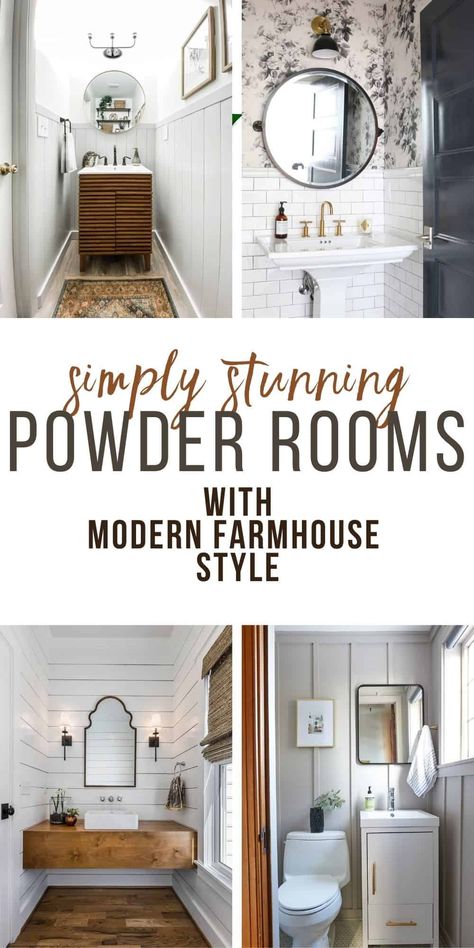 Small Powder Room Wallpaper Modern, Small Powder Room Ideas Farmhouse, Half Bath Renovation Ideas, Farmhouse Powder Room Vanity, Shiplap Powder Room Half Baths, Farmhouse Powder Room Wallpaper, Small Powder Room Wallpaper Farmhouse, Powder Room Trim Ideas, Powder Room Remodel On A Budget