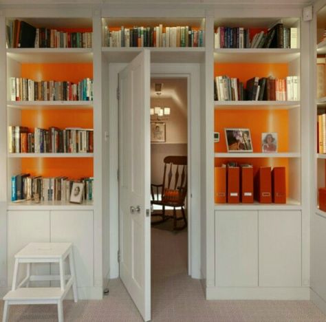 Orange Orange Built Ins, Orange Bookshelf, Orange Bookshelves, Home Office Shelves, Room Bookshelf, Orange Book, Book Cabinet, Orange House, Bedroom Renovation