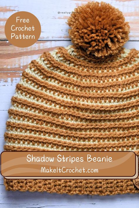 Shadow Stripes Beanie free crochet pattern. This Beginner Beanie Hat crochet pattern will be the perfect transition project when you're ready to grow your new skills. I know that it's hard sometimes to find a "next" project when you're learning to crochet. Once you're ready to move beyond a plain row-by-row scarf, this hat will have you working in the round in no time. Learning To Crochet, Beanie Hat Crochet Pattern, Beanie Hat Crochet, Hat Free Crochet Pattern, Crochet Mens Hat, Crochet Waistcoat, Crochet Hat With Brim, Crochet Pattern Instructions, Hat Crochet Pattern