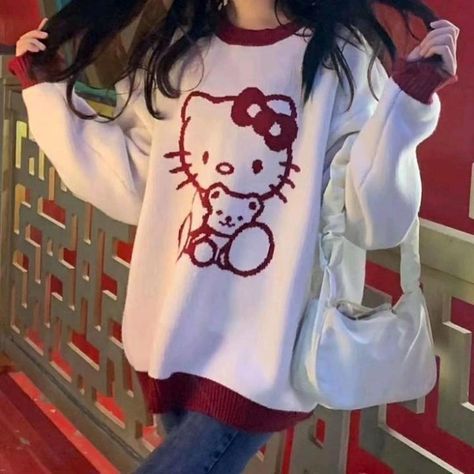 Christmas Sweater Aesthetic, Boho Western Outfits, Hello Kitty Sweater, Kitty Sweater, Soft Streetwear, Sweater Aesthetic, Maroon Cardigan, Embellished Cardigan, Oversized Sweater Cardigan