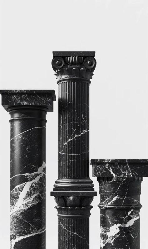 The image shows three black marble columns of different heights on a white background. The columns are all fluted, and the one in the middle is the tallest and has a more ornate capital than the other two ->> more details in ai-img-gen.com Marble Pillar, Marble Columns, Roman Columns, Bad Taste, Black Marble, In The Middle, The Middle, White Background, The One