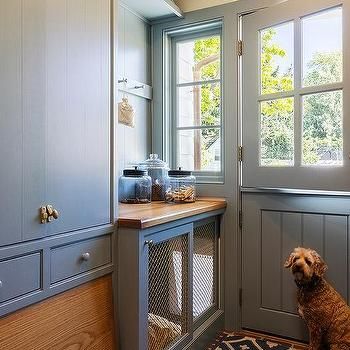 Navy Blue Island with Vintage Aged Brass Pulls - Transitional - Kitchen Mudroom With Dog Door, Dutch Door With Doggie Door, Dutch Door With Dog Door, Dutch Door Laundry Room, Built In Dog Crate, Dog Door Ideas, Dream Mudroom, Dog Cabinet, Brasada Ranch