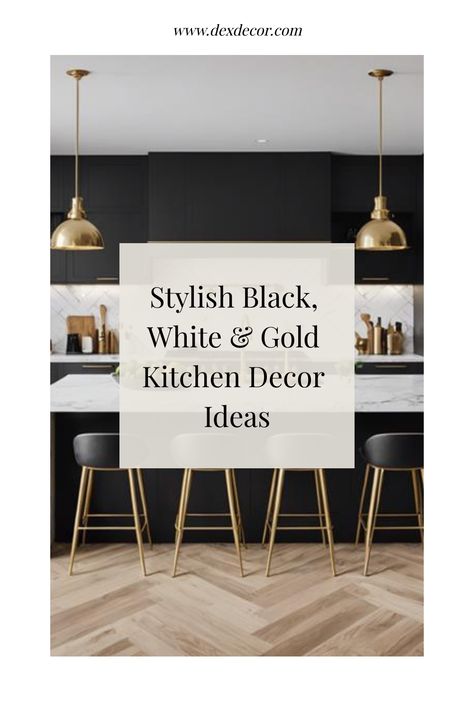 Stylish black, white, and gold kitchen with modern bar stools and pendant lighting. Black White And Gold Kitchen Decor, Black White Gold Kitchen Ideas, White Gold Kitchen Decor, Black White And Brown Kitchen, White Black And Gold Kitchen, Gold Kitchen Decor Ideas, Black White Gold Kitchen, White Kitchen With Gold Accents, White And Gold Kitchen Decor