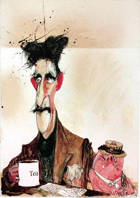 George Orwell’s Revolutions | The New Yorker Ralph Steadman Art, Michael Sowa, Ralph Steadman, Hunter S Thompson, Haruki Murakami, 캐릭터 드로잉, George Orwell, Neil Gaiman, Caricatures