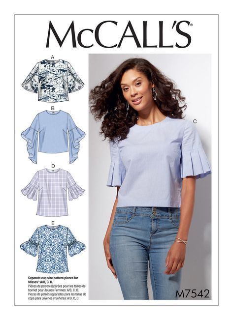 Purchase the McCall's 7542 Misses' Tops with Trumpet, Tulip, Pleated or Bubble Sleeves sewing pattern and read its pattern reviews. Find other Tops sewing patterns. Top Pattern Sewing, Pola Blus, Summer Top Pattern, Sewing Top, Projek Menjahit, Sewing Blouses, Sewing Tops, Top Sewing, Make Your Own Clothes