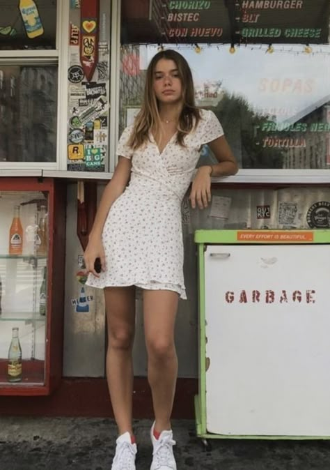 brandy melville white floral wrap dress Brandy Melville Outfits, 가을 패션, Dope Outfits, Mode Vintage, Looks Style, Mode Inspiration, Denim Outfit, Looks Vintage, Street Styles