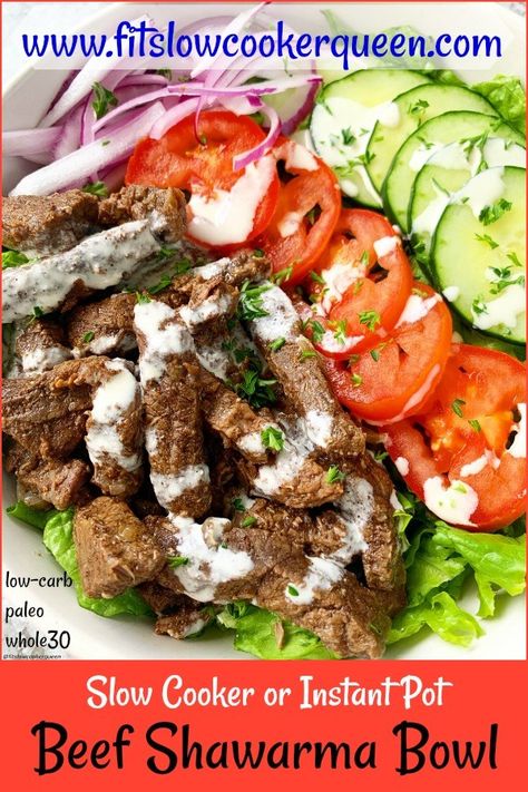 This beef shawarma bowl is a healthy spin on a popular Middle Eastern recipe. Make this shawarma recipe in your slow cooker or pressure cooker (Instant Pot). #slowcooker #crockpot #instantpot #pressurecooker #lowcarb #paleo #whole30 #keto Shawarma Bowl, Eastern Recipe, Beef Shawarma, Healthy Low Fat Recipes, Shawarma Recipe, Whole30 Keto, Boiled Egg Diet Plan, Potted Beef, Best Low Carb Recipes