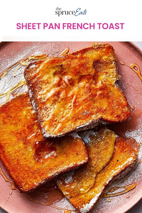 Ditch the stove top and the skillets and instead rely on the magic of the sheet pan to whip up a French toast breakfast. This sheet pan French toast still yields buttery, crisp French toast thanks to a pre-heated sheet pan that gives a perfect sear once the custard-dipped and buttered pieces of bread hit the pan. Pour yourself a fresh cup of coffee or tea (or better yet, a sparkling breakfast bev), sit back, and let your oven do the brunch work for you. Sheet Pan French Toast Recipe, French Toast Recipe Stove Top, French Toast In The Oven, Crisp French Toast, Sheet Pan French Toast, Pan French Toast, Quick French Toast, Oven French Toast, Creme Brulee French Toast