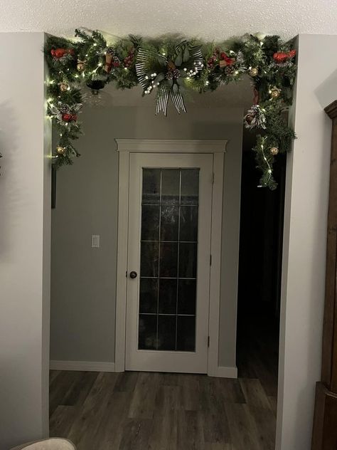 Garland On A Tension Rod, Christmas Tension Rod, Christmas Garland Doorway Tension Rod, Tension Rod Christmas Decor, Tension Rod Christmas Garland, Tension Rod Garland, Porch Garland, Tension Rod, Christmas Inspo