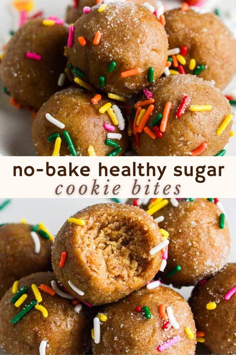 These no-bake sugar cookie bites are the perfect healthier sweet treat during the holiday season. No need for any oven or butter- they will satisfy that sweet craving in no time! Healthy Option Desserts, Healthy Dessert Recipes For Christmas, Healthier Sweet Snacks, Healthy Whole Food Desserts, Raw Desserts Healthy, Holiday Cookies Healthy, Whole 30 Snacks Desserts, Healthy Sweet Treat Recipes, Healthy Bday Treats