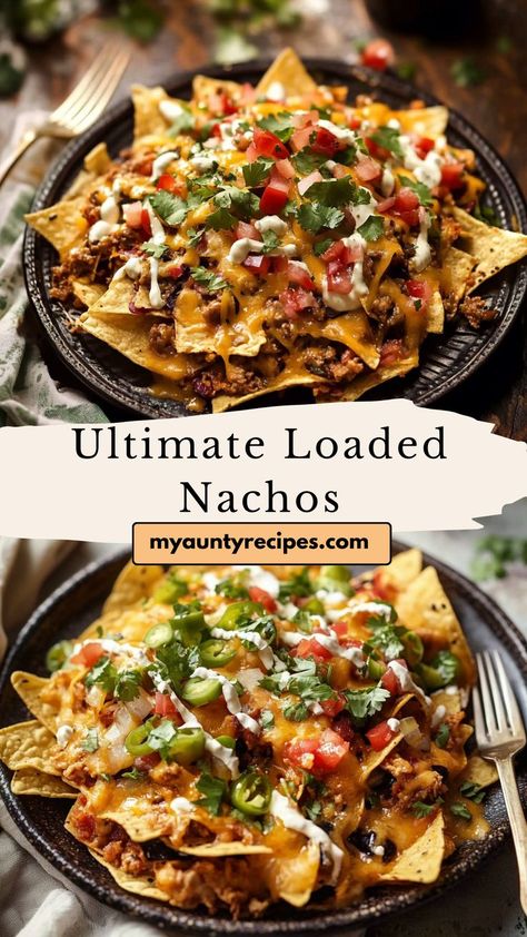 Elevate your game nights and fall gatherings with ultimate loaded nachos. Topped with gooey cheese, seasoned meat, and fresh toppings like guacamole and sour cream, these nachos are the perfect snack for sharing. Quick to assemble and endlessly customizable, they’re sure to be a hit! Nachos Recipe Steak, Nachos Dinner Meals, At Home Nachos, Baked Nachos Recipe, Ultimate Nachos Recipe, Nacho Dinner, Best Nachos Recipe, Fajita Nachos Recipe, Classic Nachos